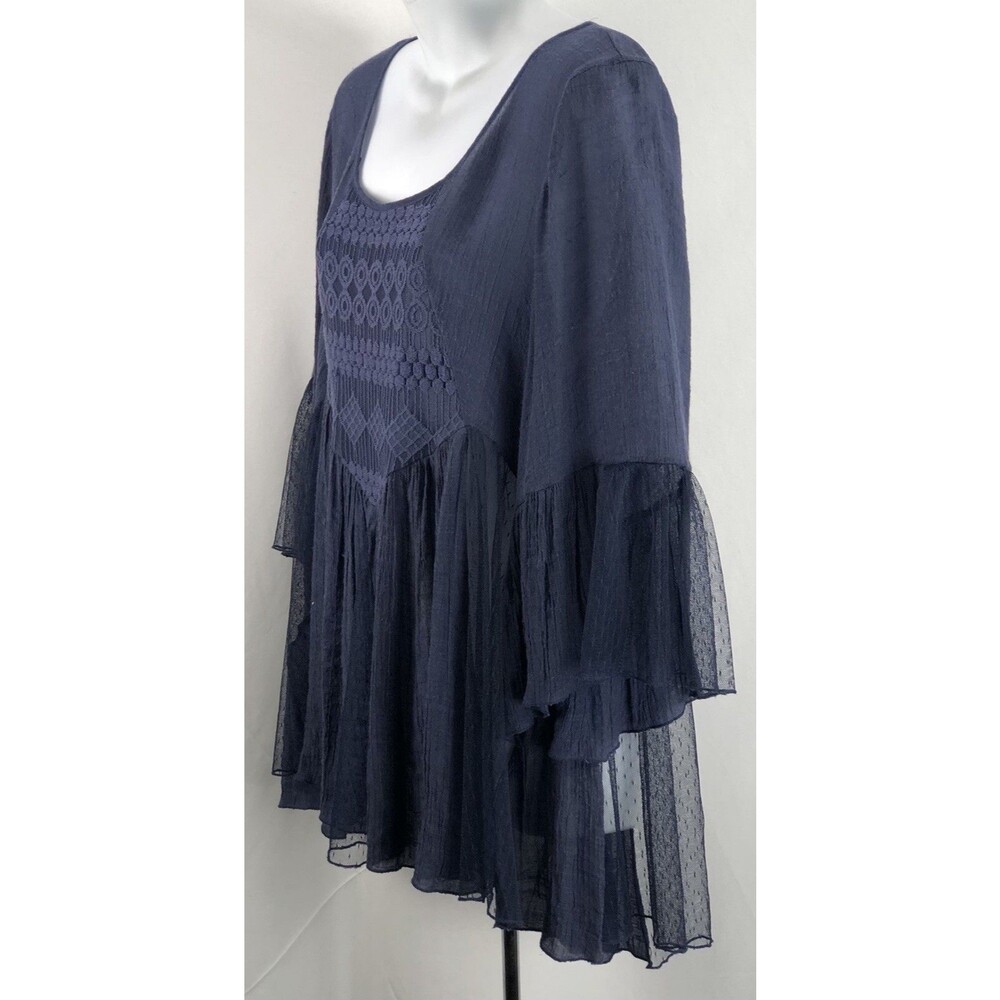 Vintage Flowy Mesh Lace Top M/L Blue 3/4Flutter Sleeve whimsigoth Boho Hippie - Picture 2 of 3